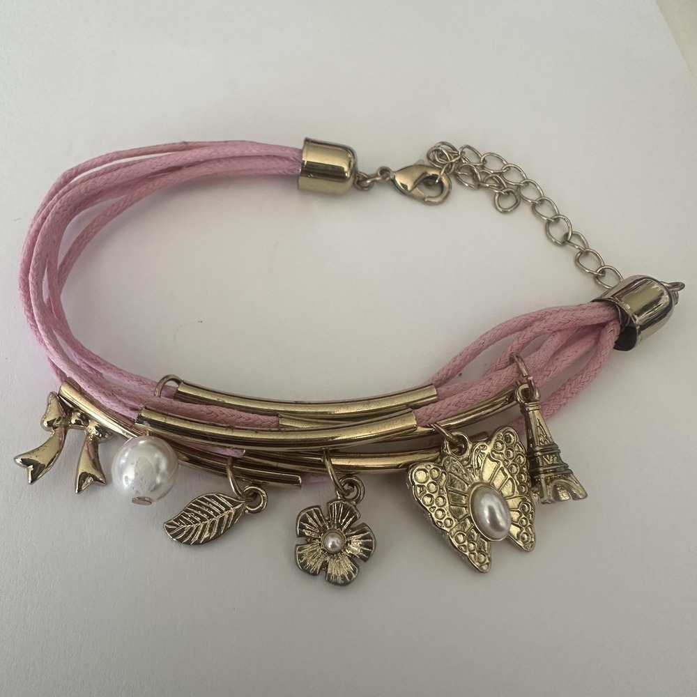 Pink Cord Gold Tone Charm Bracelet Womens 10‎ Inch Eiffel Bow Butterfly Pearl